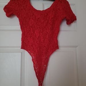 Short sleeve lace bodysuit thong